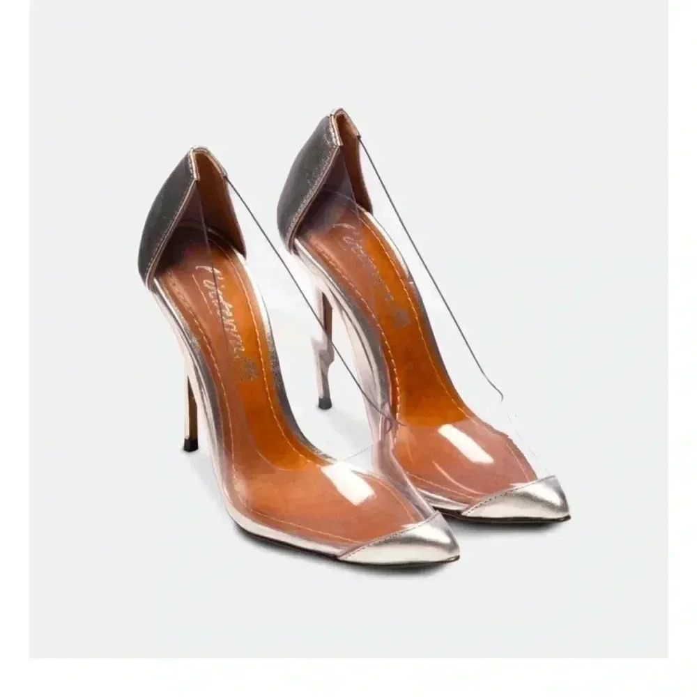 L’intervalle clear‎ and  silver heels cinderalla pumps